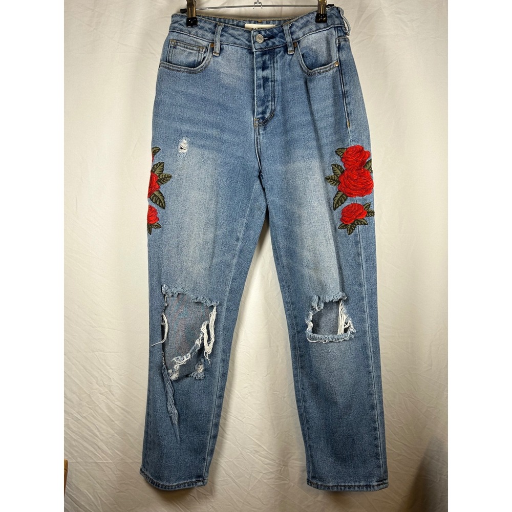 PacSun Mom Jeans Light Wash Floral Rose Embroidered Distressed Denim Size 24